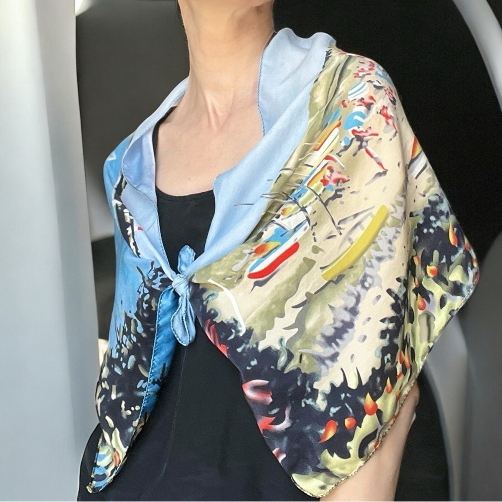 Silk Scenic Beach Print Oblong Scarf Headscarf - Picture 3 of 12